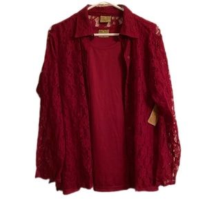 Gold Coast Red 2 Piece Tank Top And Floral Lace Collared Cardigan Size XL